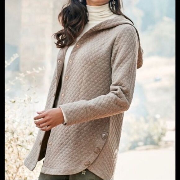 Soft Surroundings Favorite Lounge Cardi Jacket Quilted Tan Snap Button Down Sz S - Picture 1 of 7